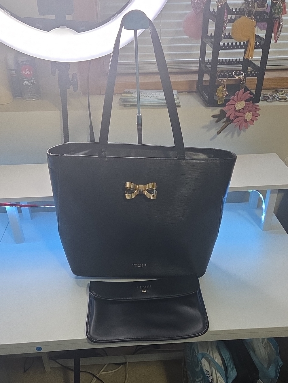 Ted Baker Black Tote with Gold Bow Accent and Matching Pouch